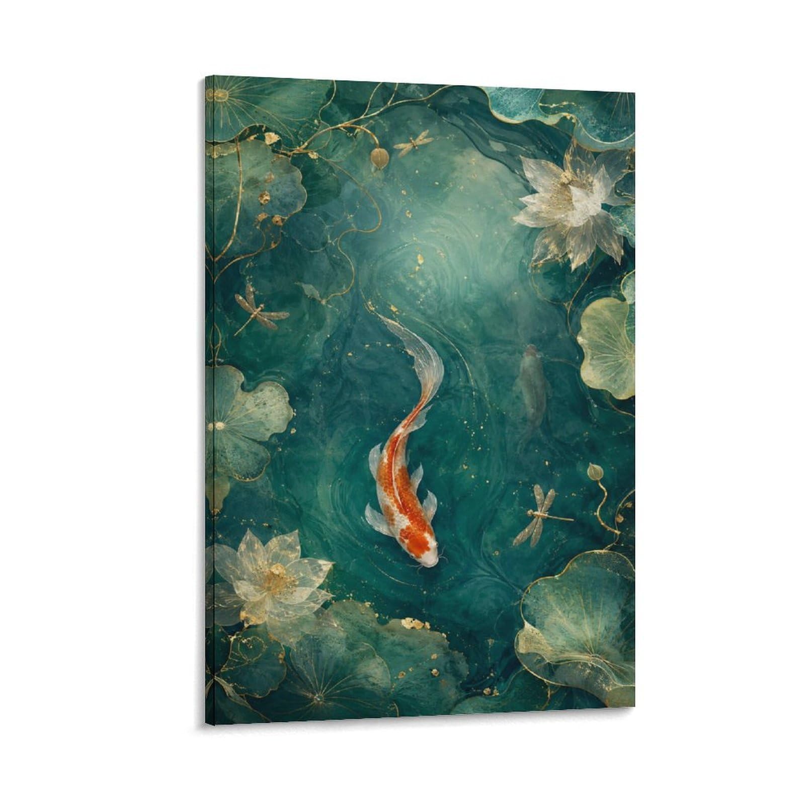 W7C8U2X3 Koi Fish Pond Canvas Wall Art, Minimalist Asian Wall Art