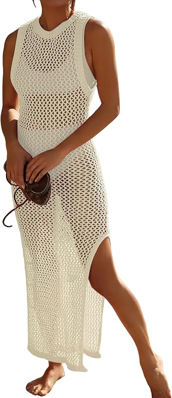 Bsubseach Crochet Swimsuit Coverup Backless Bikini Beach Cover up Dress | Lightweight and Breathable Hollow Knit Fabric, Onesize Sleeveless Side Split Maxi Dress, Ideal for Beach, Cruise & Vacation