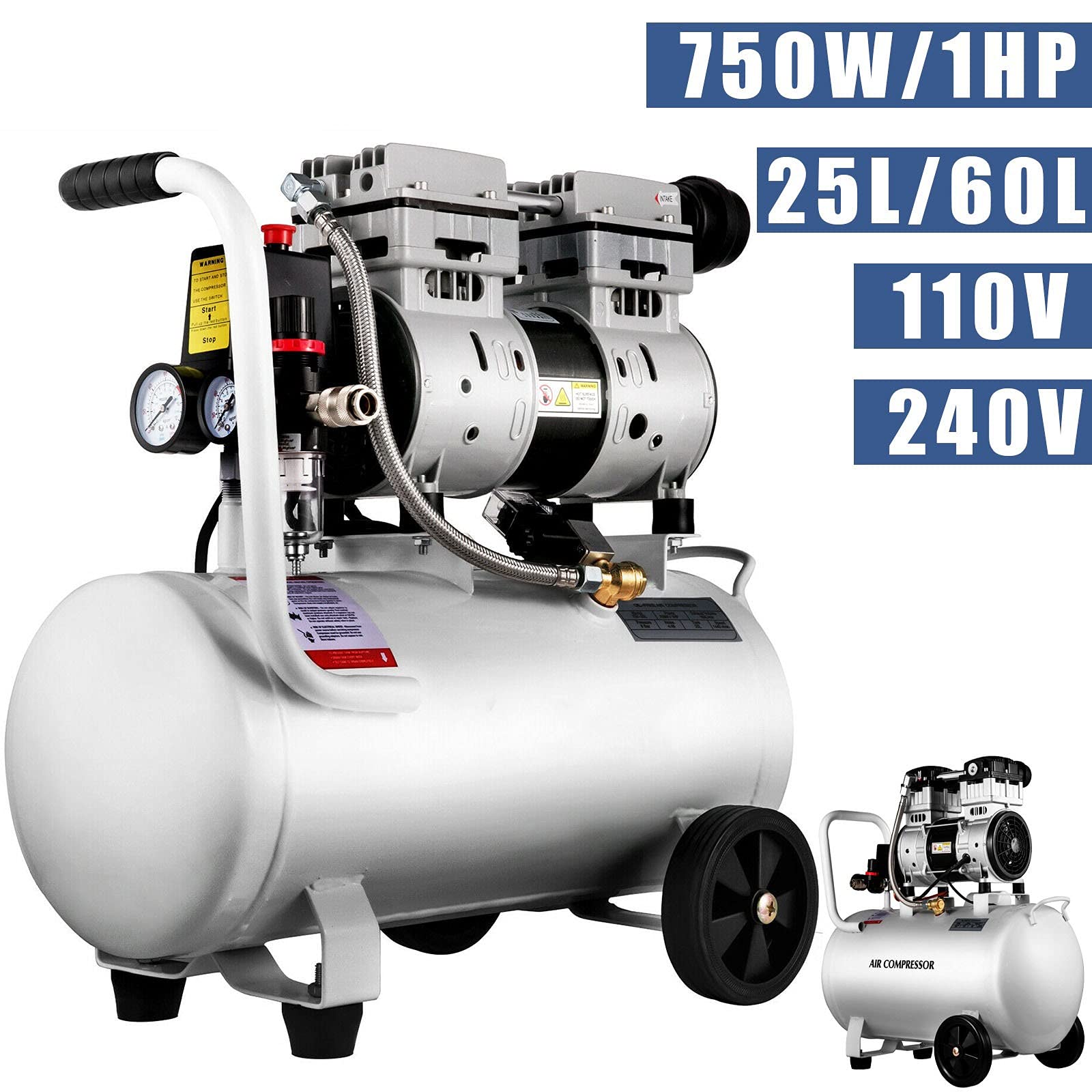 Sprężarka powietrza 25/60 l 110 V/240 V Silent Oil-Free Air Compressor 750 W 1 HP do naprawy opon w domu Sprężarka do pompowania opon (kolor: 60 l 1500 W) (25 l 750 W)