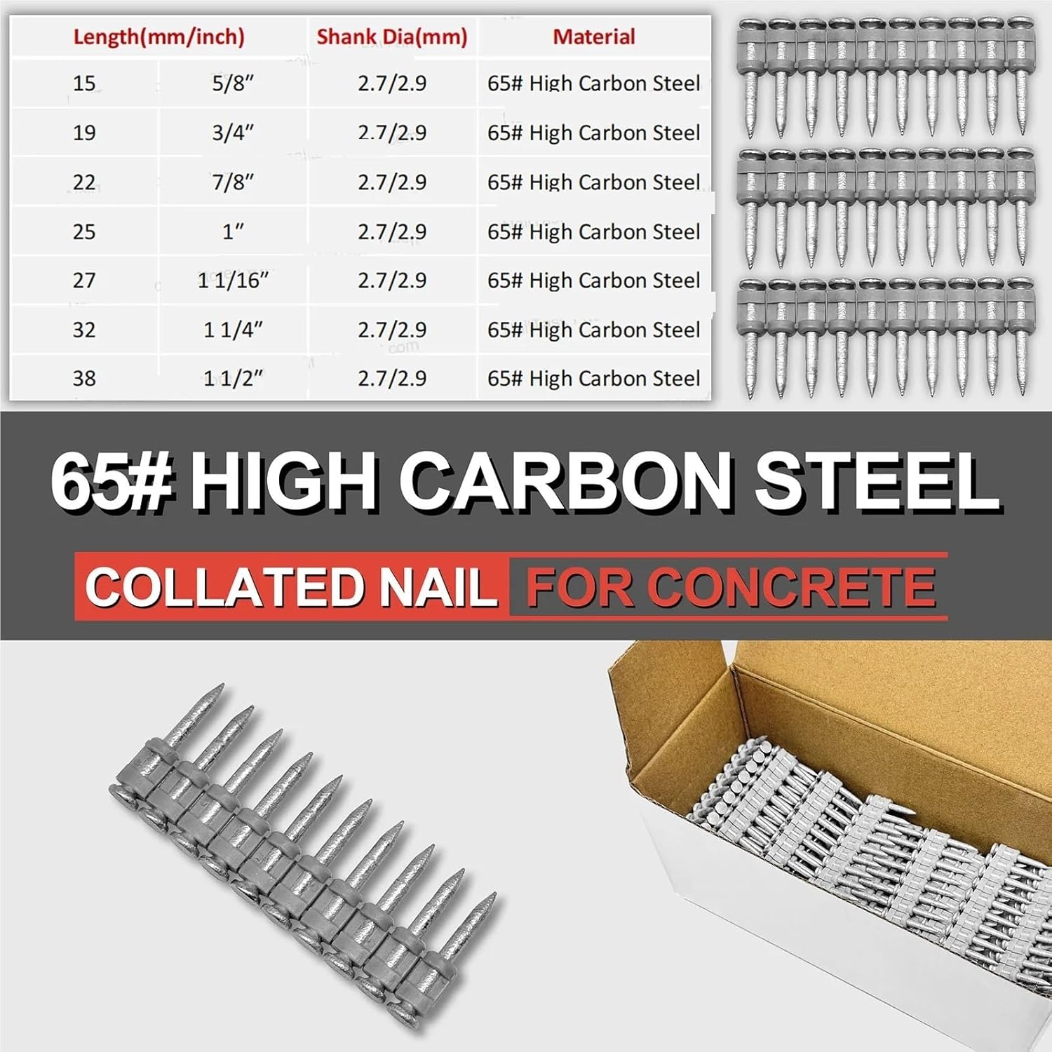 Masonry Nails 500PCS Plastic Collated Strip Pins Gas Nails Drive Pin Use In Steel And Concrete For Cordless Nailer Tool(27mm)