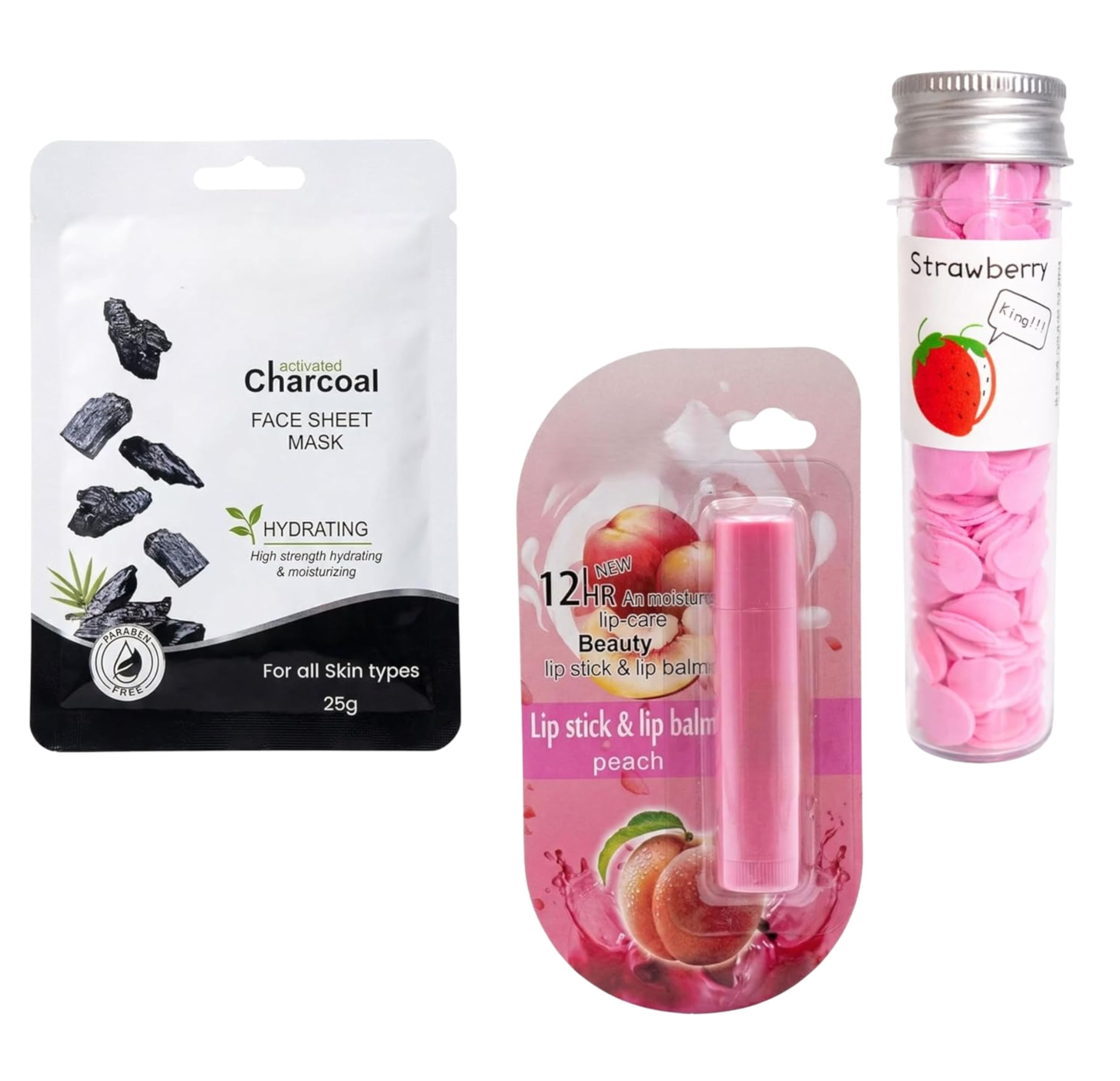 3-Piece Travel Beauty & Hygiene Kit – 25g Activated Charcoal Face Sheet Mask, 12HR Moisture Peach Lip Balm & Strawberry Scented Portable Paper Soap Sheets in Travel Tube – Detox & Glow Set-image-2