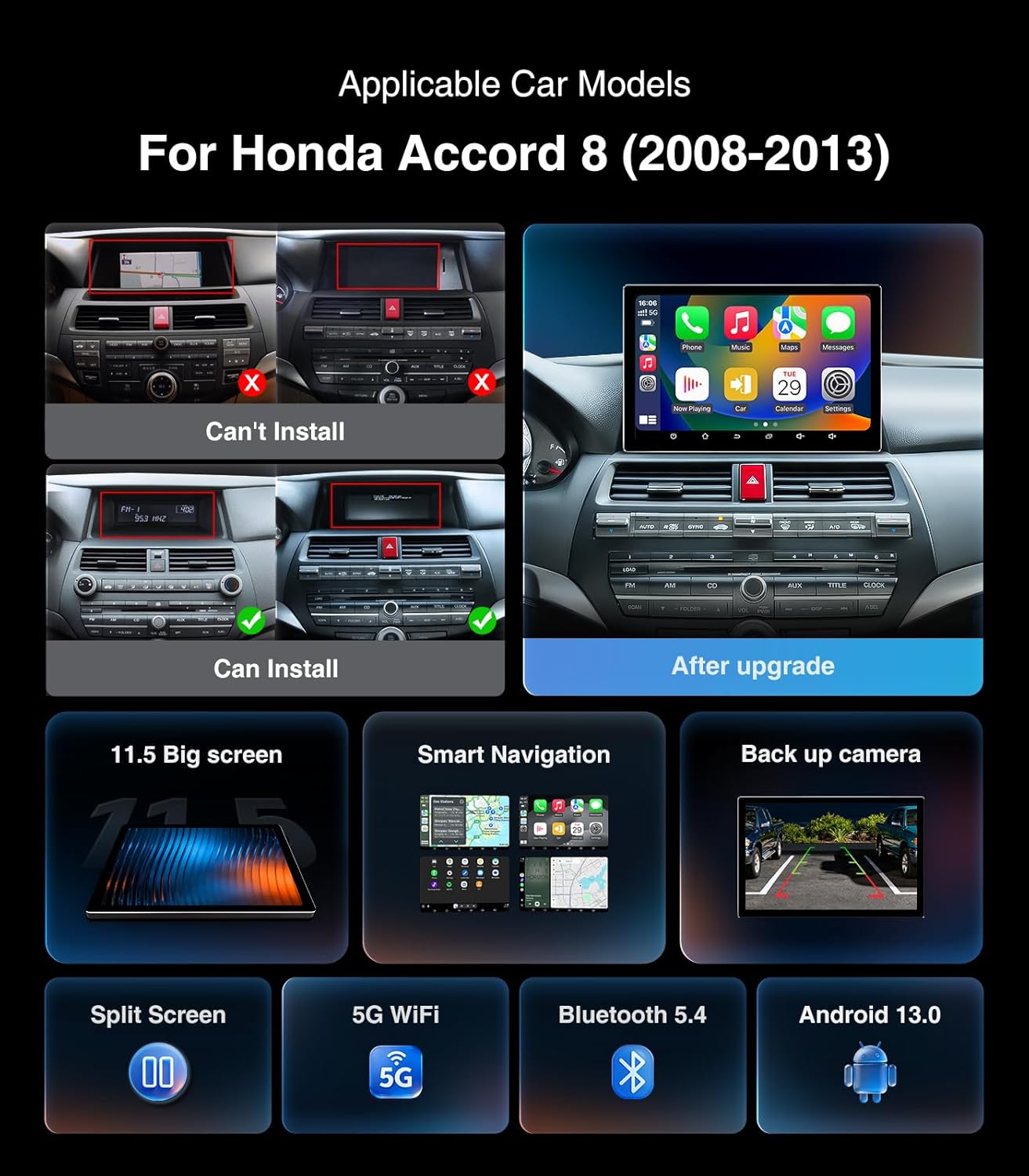 11.5 Inch Car Radio Stereo for Honda Accord 8th 2008-2013 Upgrade IPS HD Touch Screen 4+64G Car Radio Wireless CarPlay Android Auto, GPS FM/SWC Bluetooth 1280P Backup Camera