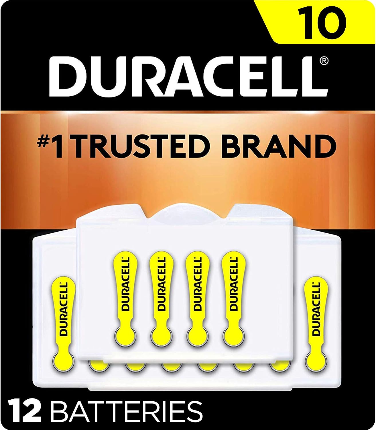 Duracell Hearing Aid Batteries Yellow Size 10, 12 Count Pack, 10A Size Hearing Aid Battery with Long-Lasting Power, Extra-Long EasyTab Install for Hearing Aid Devices