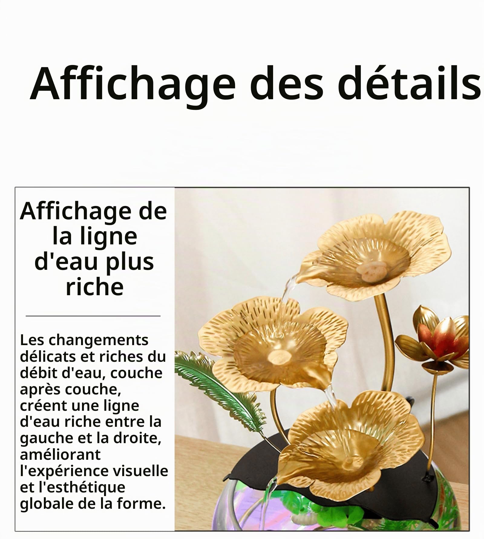 Fontaine à eau en forme de fleur de lotus dorée avec lumières LED et aquarium, décoration de table élégante pour la maison et le bureau, cascade intérieure relaxante pour ambiance de bureau