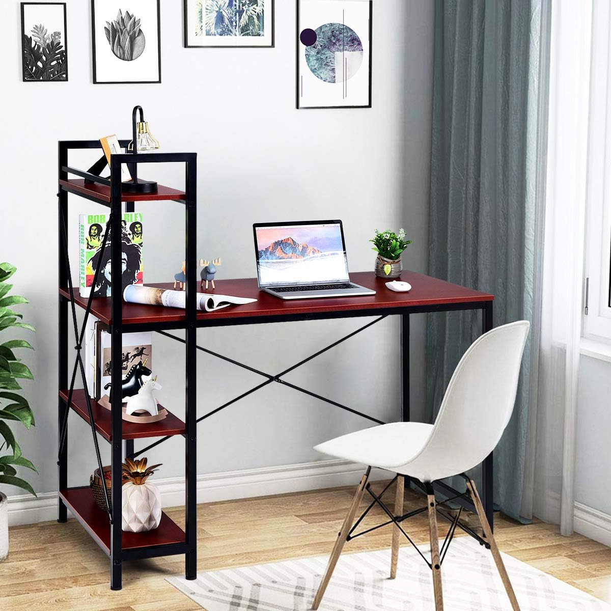 Tangkula Computer Desk with 4 Tier Shelves, Study Writing Table with Storage Bookshelves, Compact Home Office Workstation, 47.5" Tower Desk with Steel Frame & Adjustable Feet Pad, Red Brown