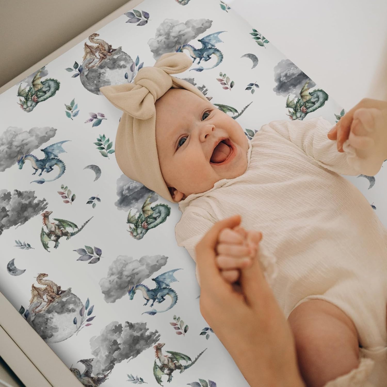 Watercolor Dragons Baby Changing Pad Covers for Boys Girls Fairytale Dragon Wings Leaves Fitted Changing Table Cover Mats Dragon Moon Clouds Soft Diaper Change Table Sheets 32''×16''