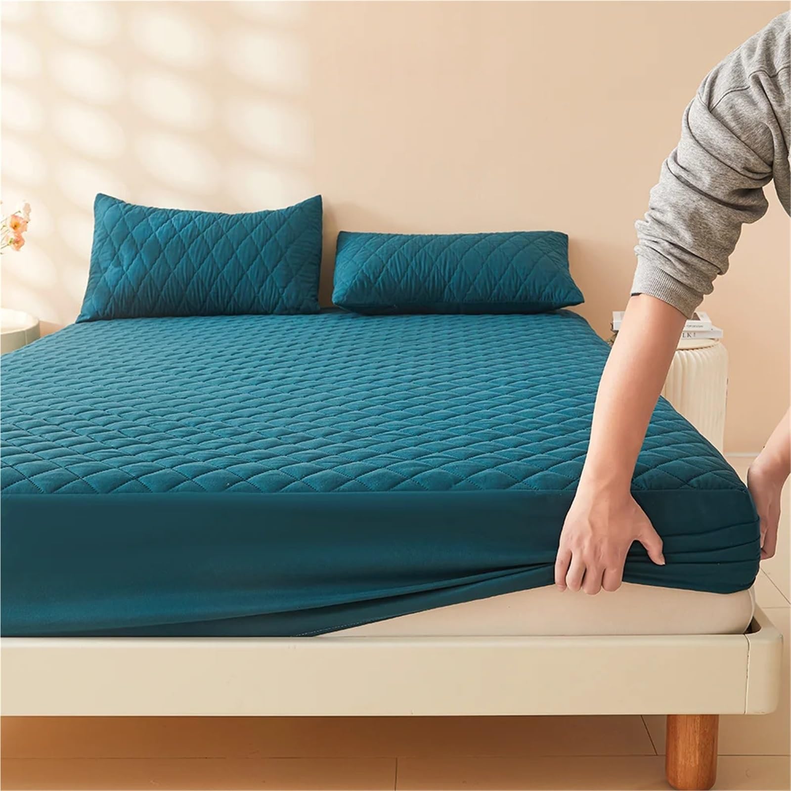 1 Funda de colchón Gruesa 3D, Protector Impermeable, sábana Ajustable Suave y Transpirable (sin Almohada) para ColchóN(Dark Green,200x220x30cm)