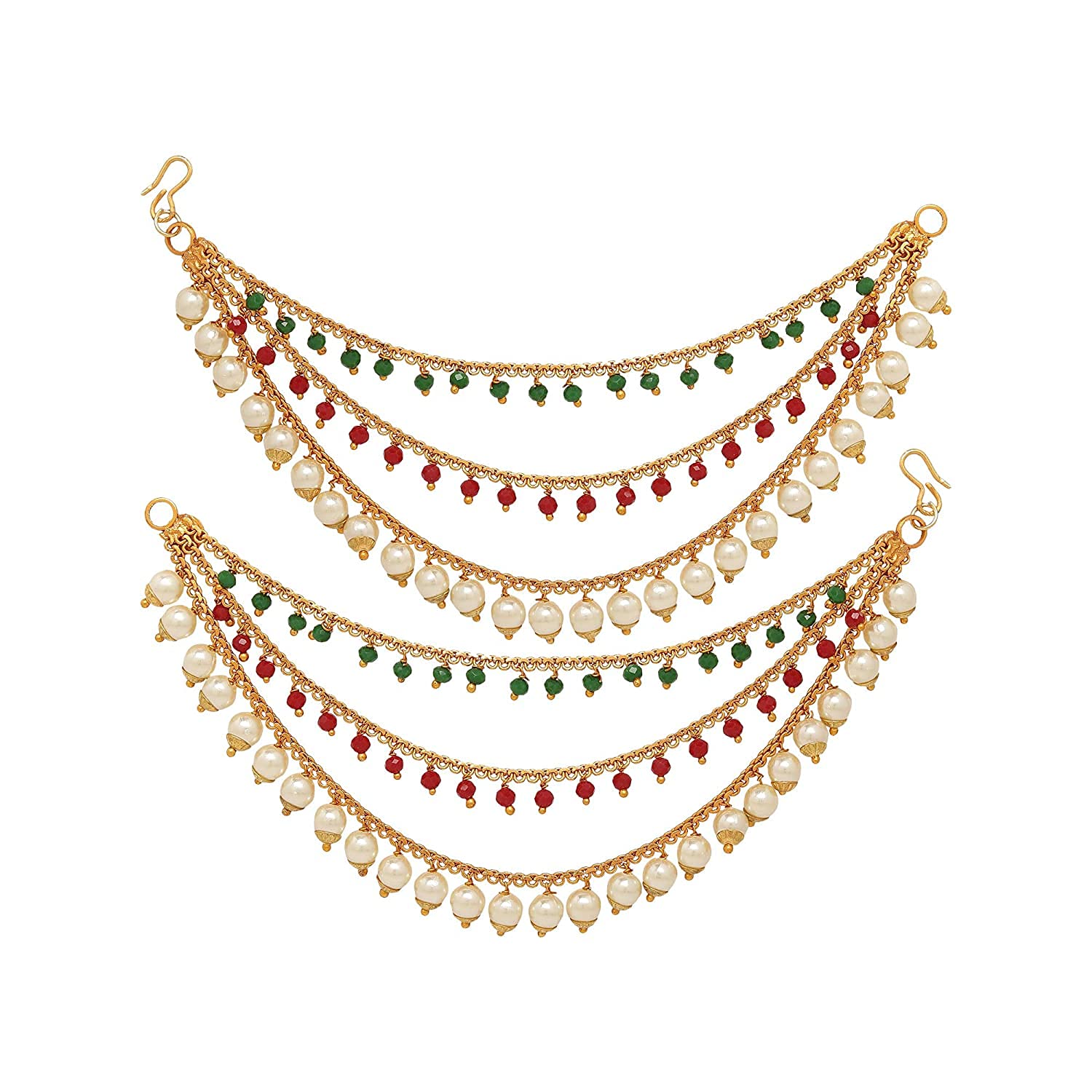 KENNICE Gold-Plated Long Hair Red Green Bahubali Golden Pearl Ear Chain Earrings Jewellery For Girls & Women (B09DSQJT6J) Amazon Price History, Amazon Price Tracker