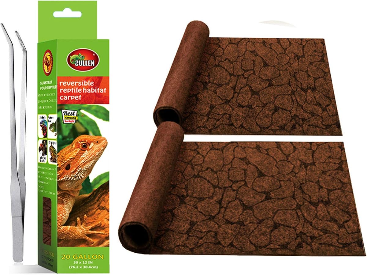 2 alfombras para reptiles de 20 galones, revestimiento para terrario para mascotas, estera/sustrato para jaula de reptiles para serpientes, camaleones, geckos y accesorios para tanques de dragones barbudos con pinzas, pinzas para alimentar al desierto (30 x 12 pulgadas)