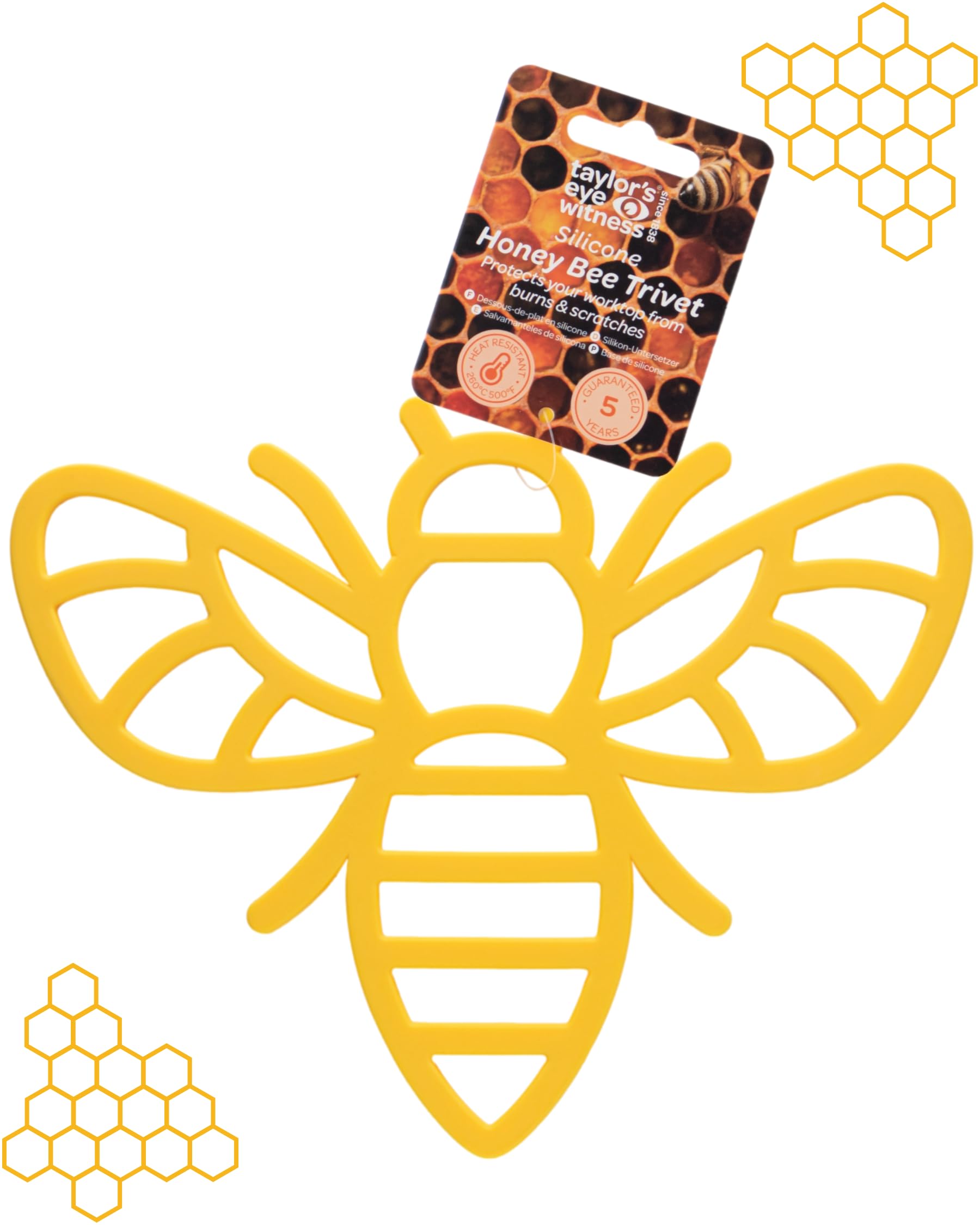 Taylors Eye Witness Silicone Trivet – Heat Resistant Up to 260°C/500°F, Non-Slip, Stain & Odour Resistant, Dishwasher Safe, Versatile Hot Pad & Coaster. 5 Year Guarantee. Yellow Honey Bee Design