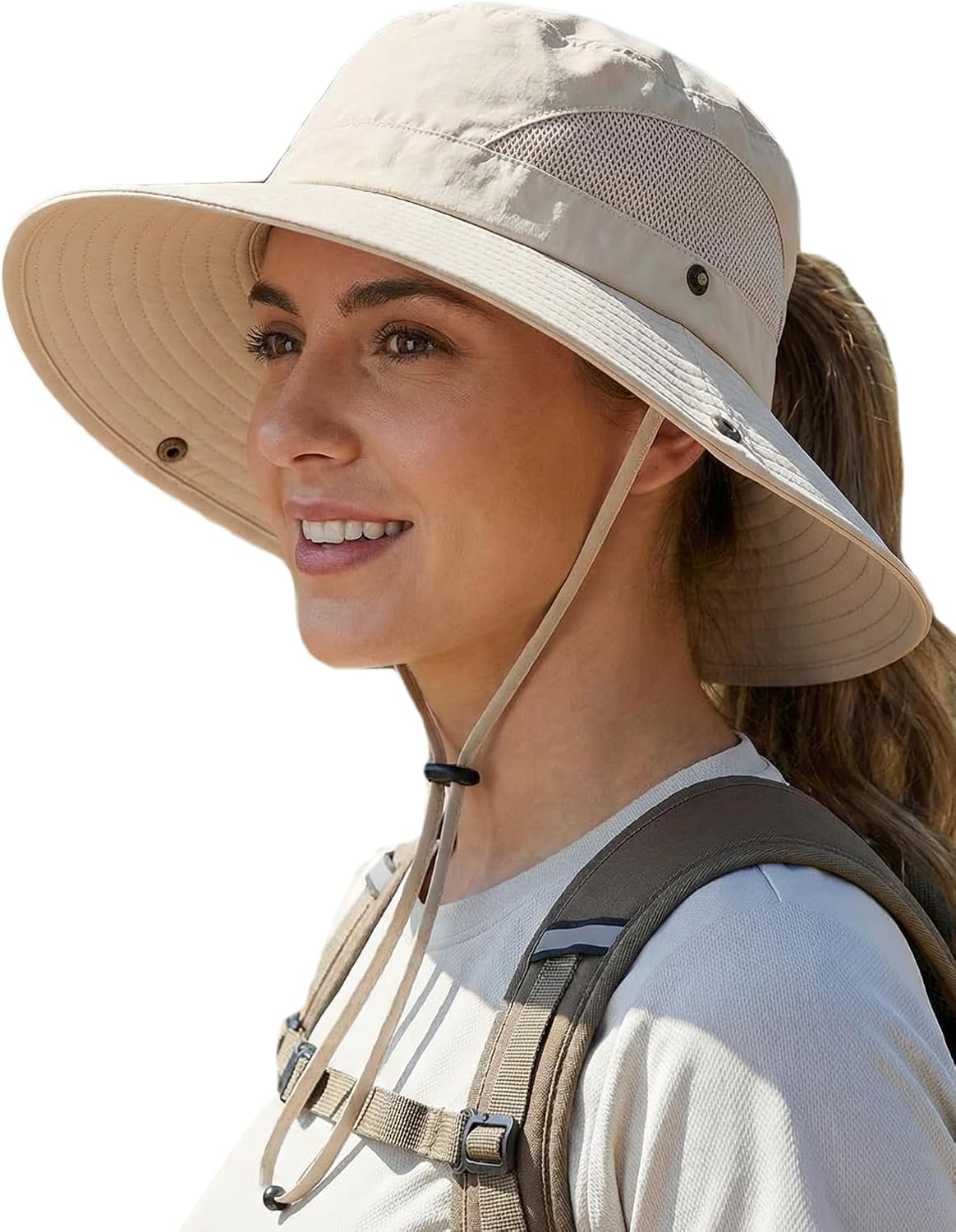 Women's Sun Hat Wide Brim Bucket Hat for Outdoor Breathable Mesh Ponytail Hole Adjustable Foldable UPF 50+ Windproof