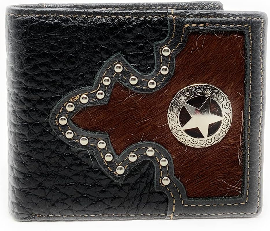 Western Genuine Tooled Leather Cowhide Cow Fur Mens Bifold Short Wallet in Multi Emblem (Black Star)