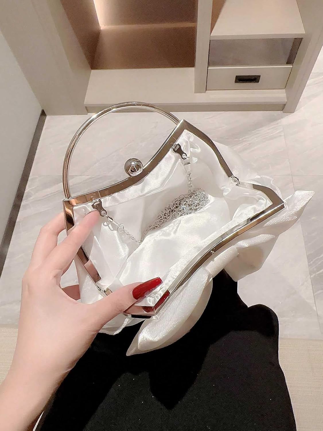 Women's Bow Clutch Purse White Evening Handbag with Detachable Chain, Wedding Prom Crossbody Bag