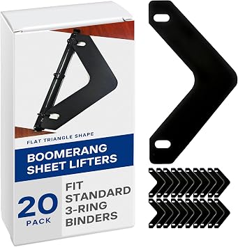رافعات ورقة Boomerang ، متينة ، شكل مثلث مسطح ، 11 &times; 6 بوصة ، أسود ، أوراق حماية من التمزق والتجعيد ، تناسب المجلدات القياسية ثلاثية الحلقات ، 20 حزمة