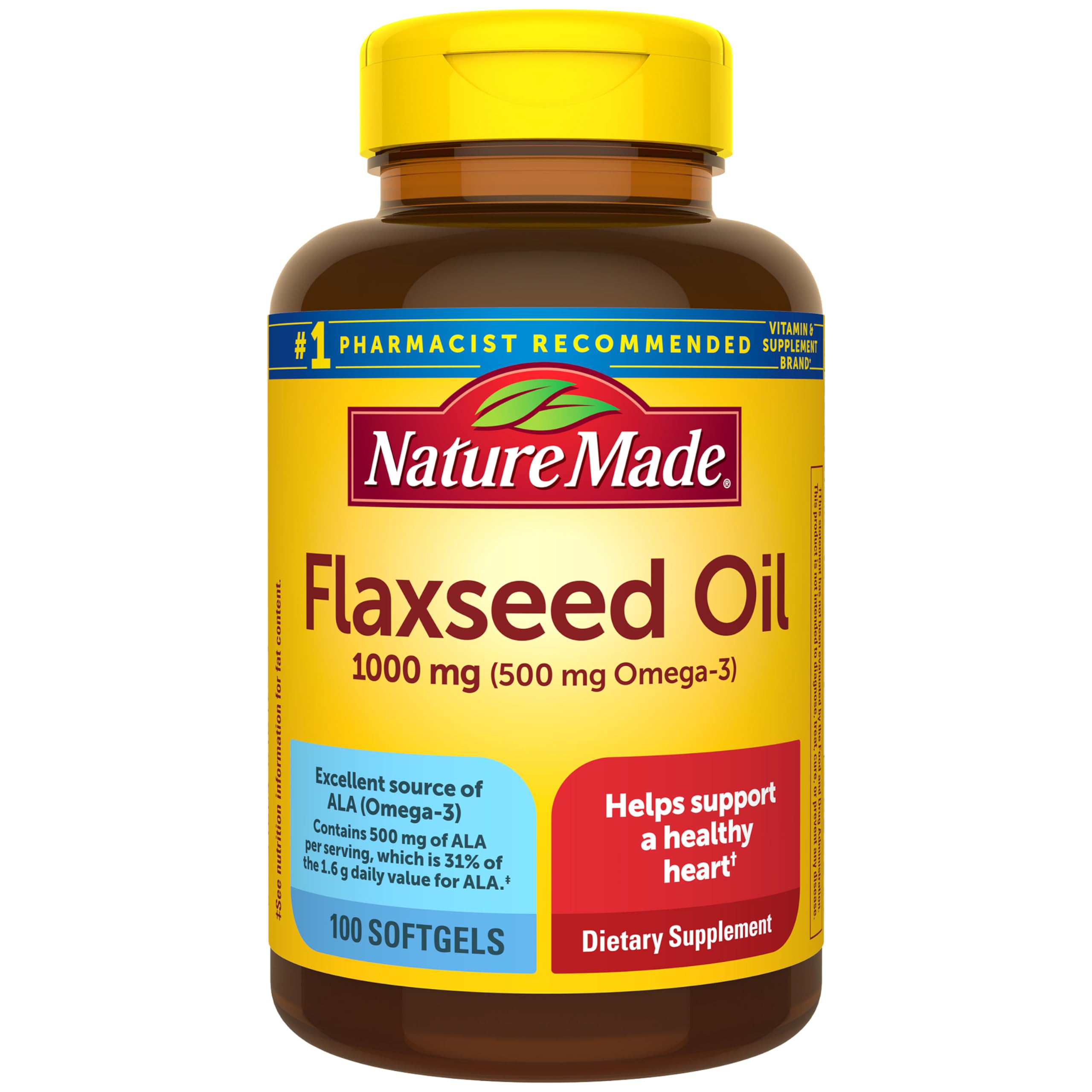 Nature Made Flaxseed Oil 1000 mg Softgels, 100 Softgels 100 Count (Pack of 1)