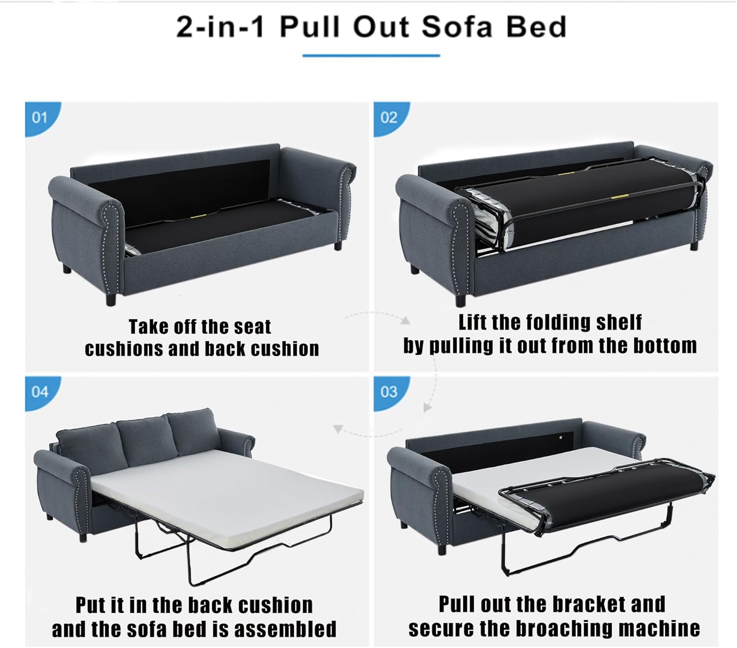 TTK 80.7" Queen Sized Pull Out Sofa Bed, 2-in-1 Convertible Sleeper Couch with Memory Foam Mattress & Solid Wood Frame for Living Room Apartment & Small Spaces, Gray