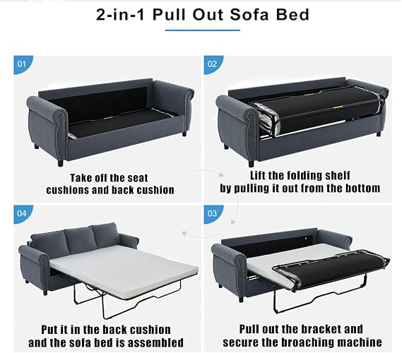 Pull Out Sofa Bed Queen Size, Sleeper Sofa with Memory Foam Mattress, 3 in 1 Convertible Pullout Couch Bed, 3-Seater Comfy Upholstered Loveseat Sofas for Living Room, Guest Room, RV (Grey, Linen)