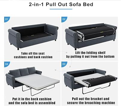 Pull Out Sofa Bed Queen Size, Sleeper Sofa with Memory Foam Mattress, 3 in 1 Convertible Pullout Couch Bed, 3-Seater Comfy Upholstered Loveseat Sofas for Living Room, Guest Room, RV (Grey, Linen)