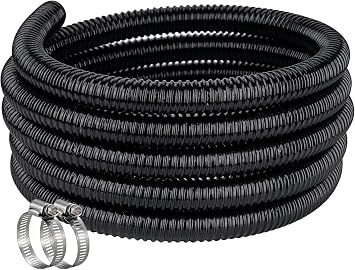 Black Corrugated Pond Hose 25mm, 3M for Pump, Water Butt, 2 Clips