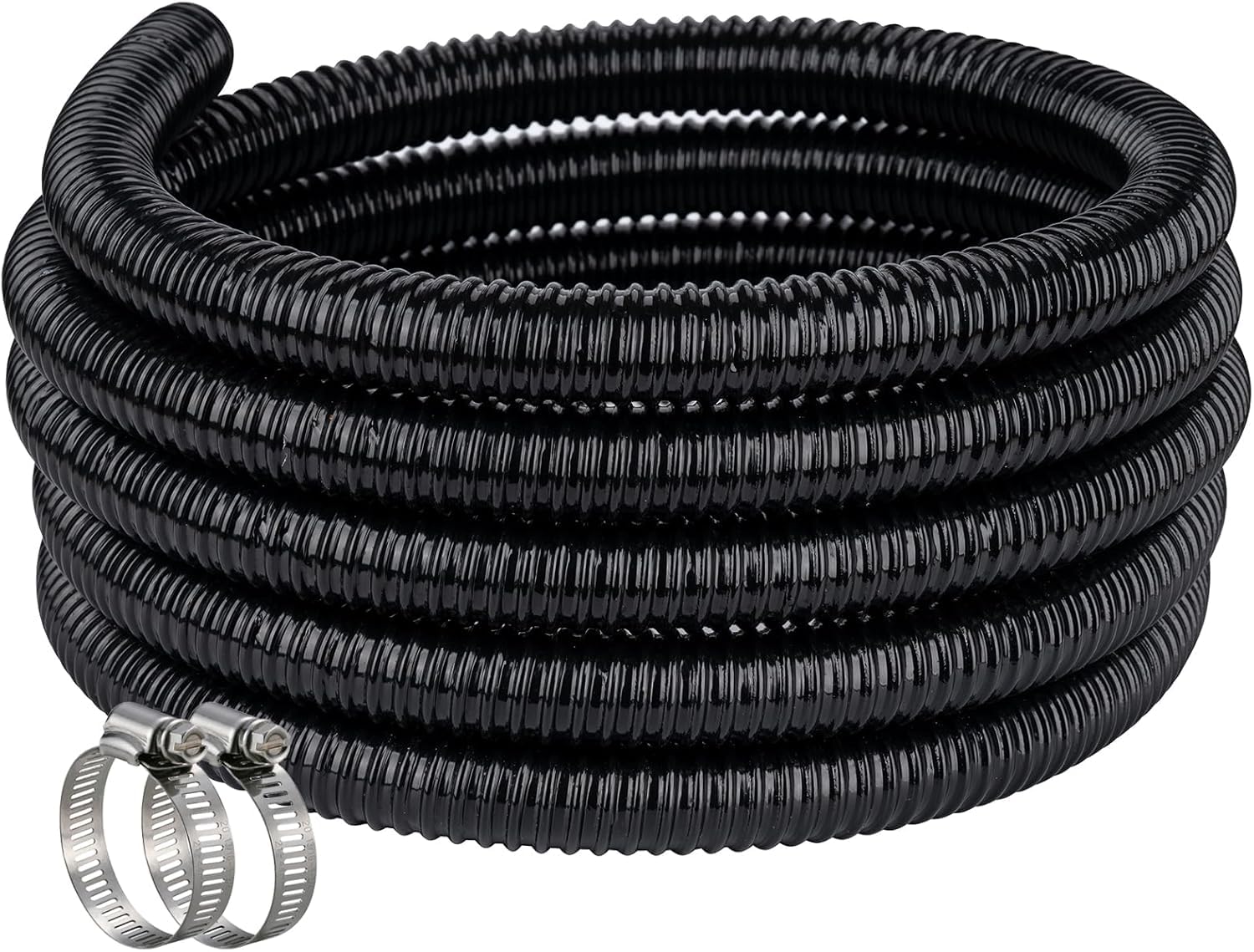 Meksular Black Pond Corrugated Flexible Hose 19mm, 3M (10ft) for Pond Pump, Water Butt, with 2 Hose Clips