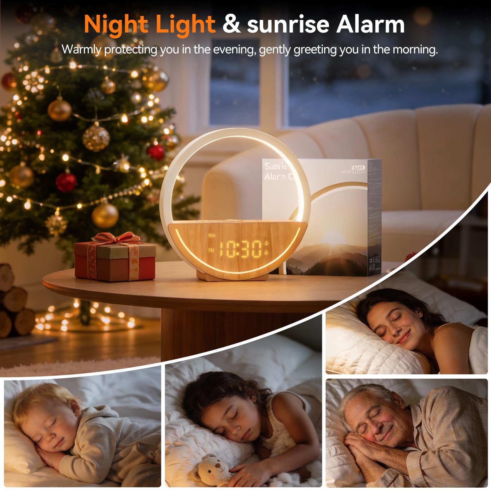 RETEYUNG Nachttischlampe mit Tageslichtwecker, Touch-Control, USB-Ladefunktion, 15 Wecktöne, 20 Naturklänge, 2 Wecker