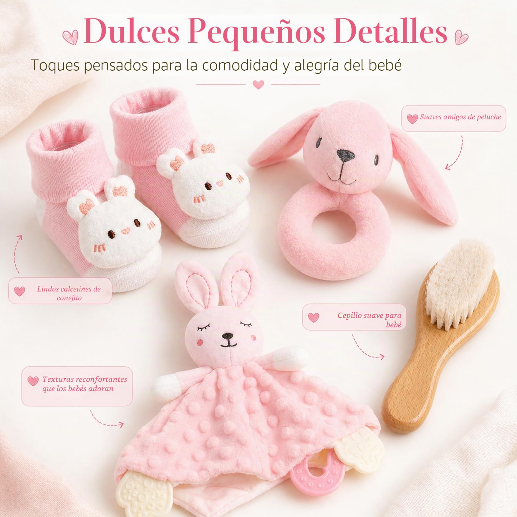 Set de regalo para recién nacidos – 15 piezas: manta, body, mordedor, cepillo de madera, tarjetas de hitos, babero, calcetines antideslizantes, caja de recuerdos y tarjeta de felicitación.