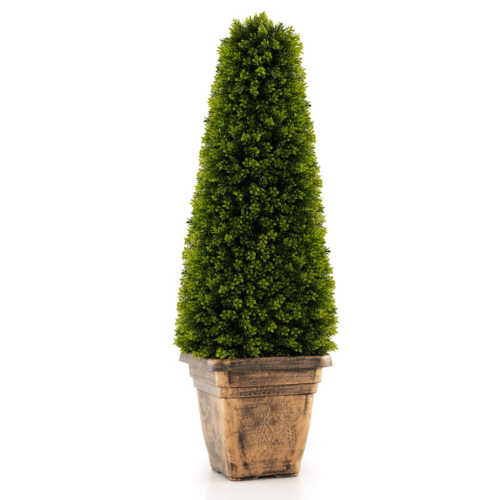 GOFLAME 3FT Artificial Boxwood Topiary Tree, Faux Boxwood Tree with Cement-Filled Pot, Fake Potted Bushes and Shrubs for Indoor & Outdoor Porch Garden Patio, No Maintenance Needed