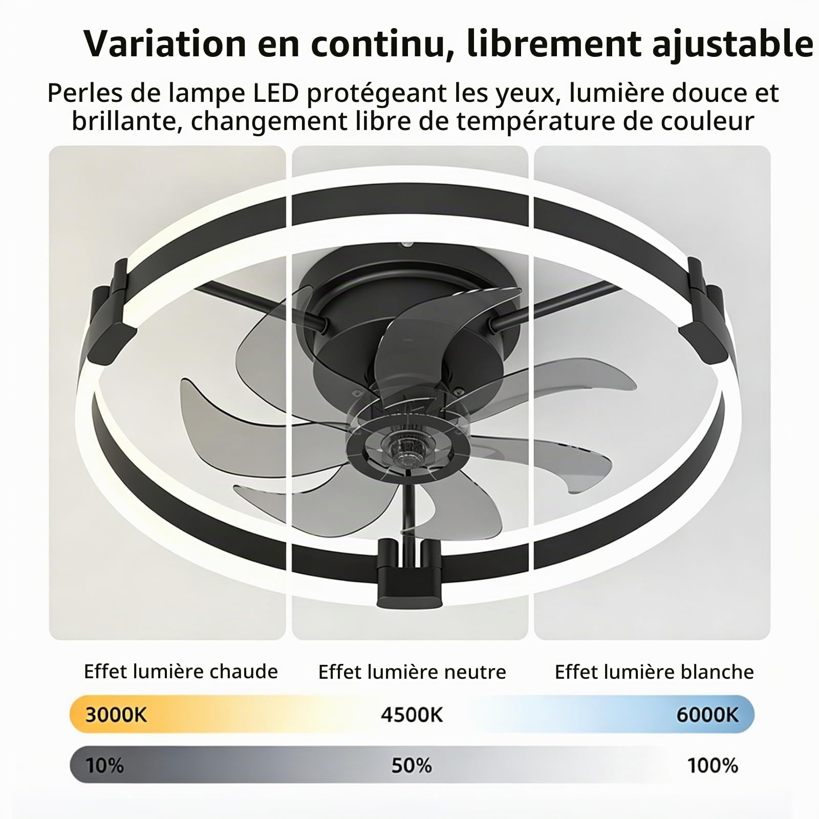 ASJK Plafonnier ventilateur LED 50 cm avec télécommande, 60 W 6000 lm, 6 vitesses, éclairage réglable, minuterie 2 h et rotation réversible, noir