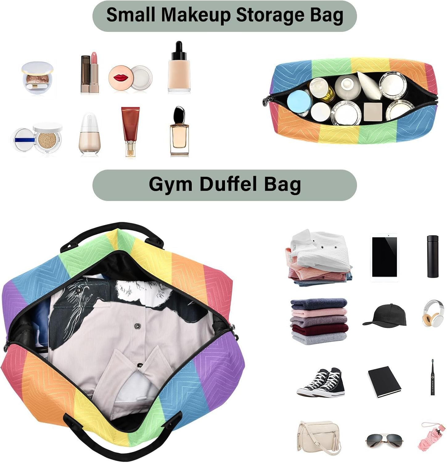 Rainbow Personal Item Travel Bag Large Carry On Bag Gym Tote Bag with Toiletry Bag for Trekking 2 Pcs Set