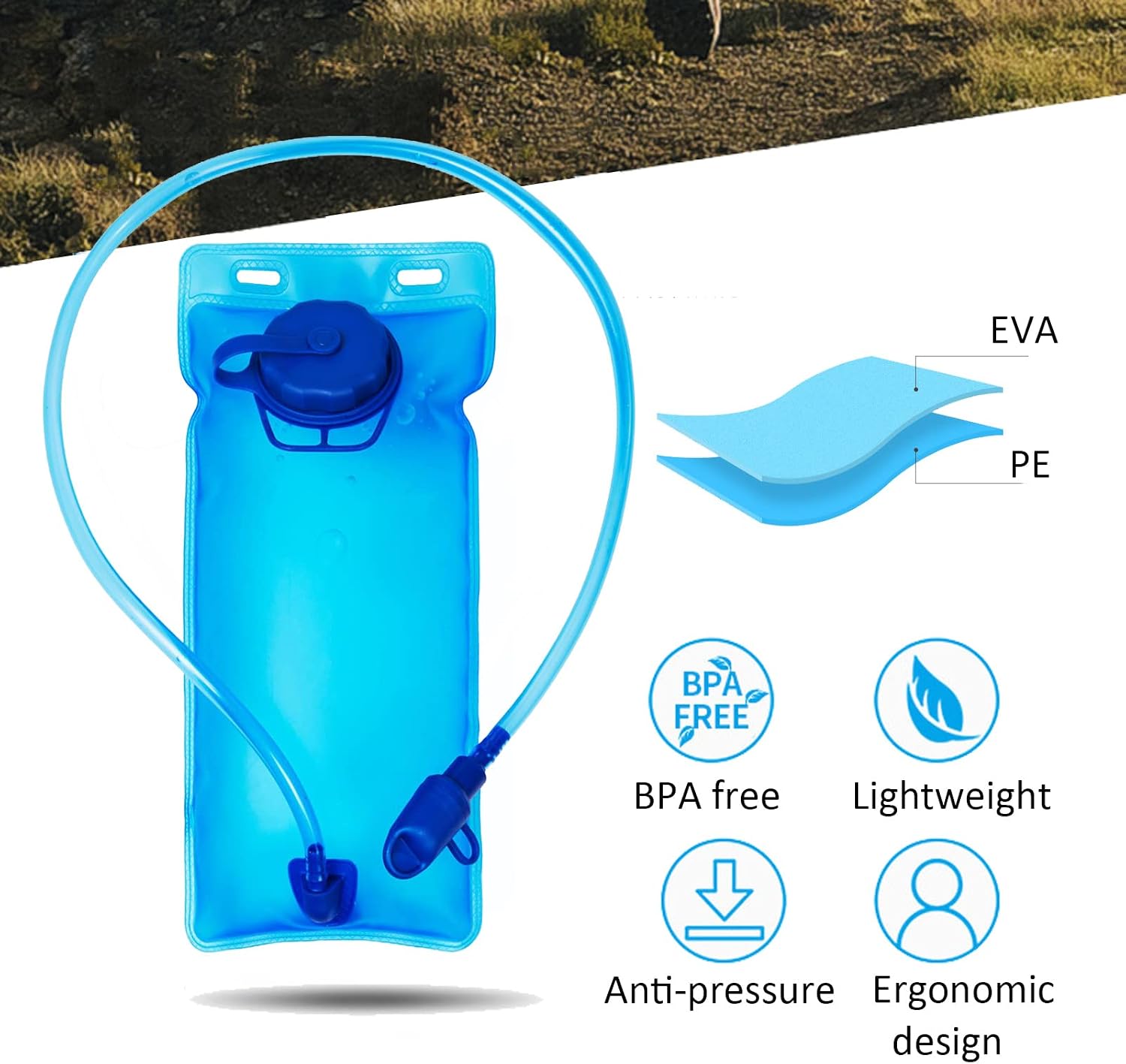 2L Hydration Bladder, BPA less Sports Water Bag with Leakproof Tube, Lightweight Water Reservoir for Hiking, Running, Cycling, and Outdoor Activities