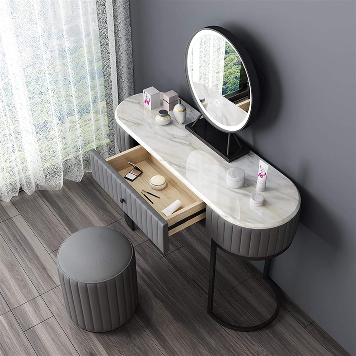 Vanity Dressing Table Set Luxury Makeup Bench with 3 Colors Led Hd Mirror,Comfortable Stool Drawers Cabinet,Modern Simple Style,for Girl's Gift (Size : 100CM) ()