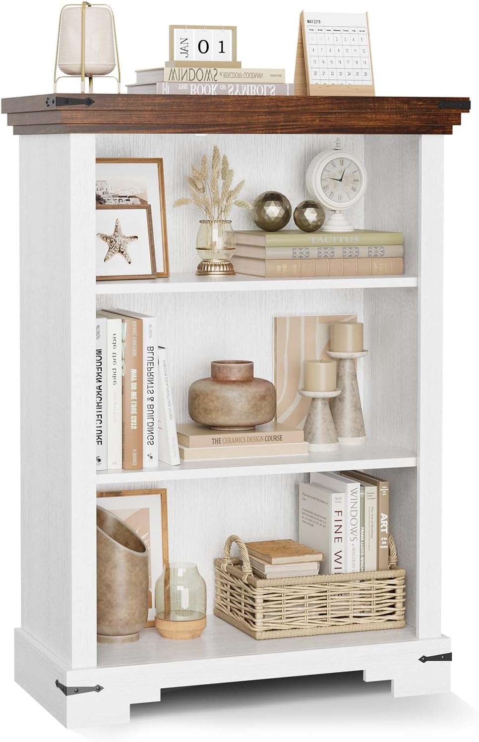 3-Tier Farmhouse Bookshelf, Book Shelf with Open Storage & One Adjustable Shelf, 9.8" D x 26" W x 38" H, Wooden Bookshelf for Study Room, Living Room, Kitchen, Bedroom (White)