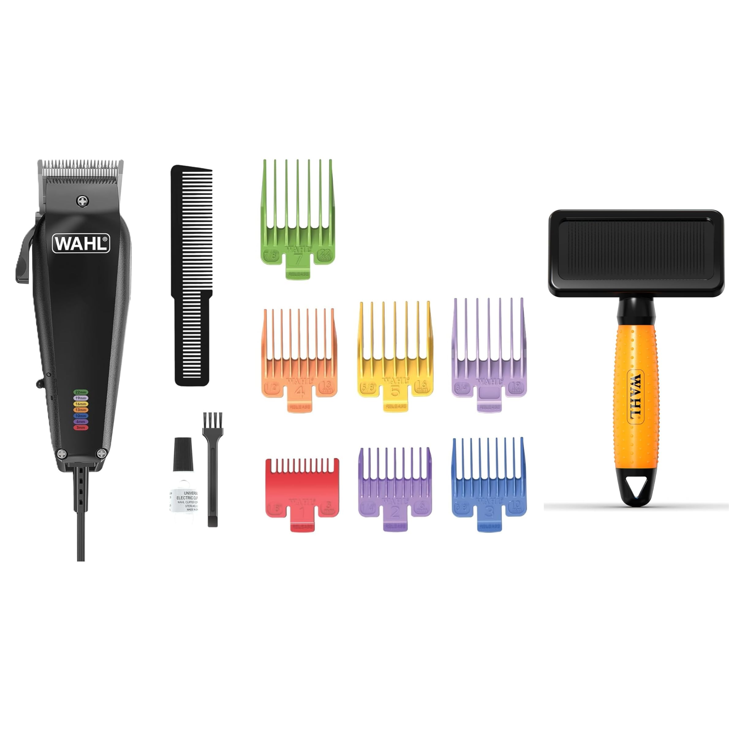 WAHL Multi Cut - silencioso, con cable, para uso doméstico, con cuchillas afiladas con precisión + WAHL Slicker Brush Medium - cepillos alisadores para animales de pelo largo y corto