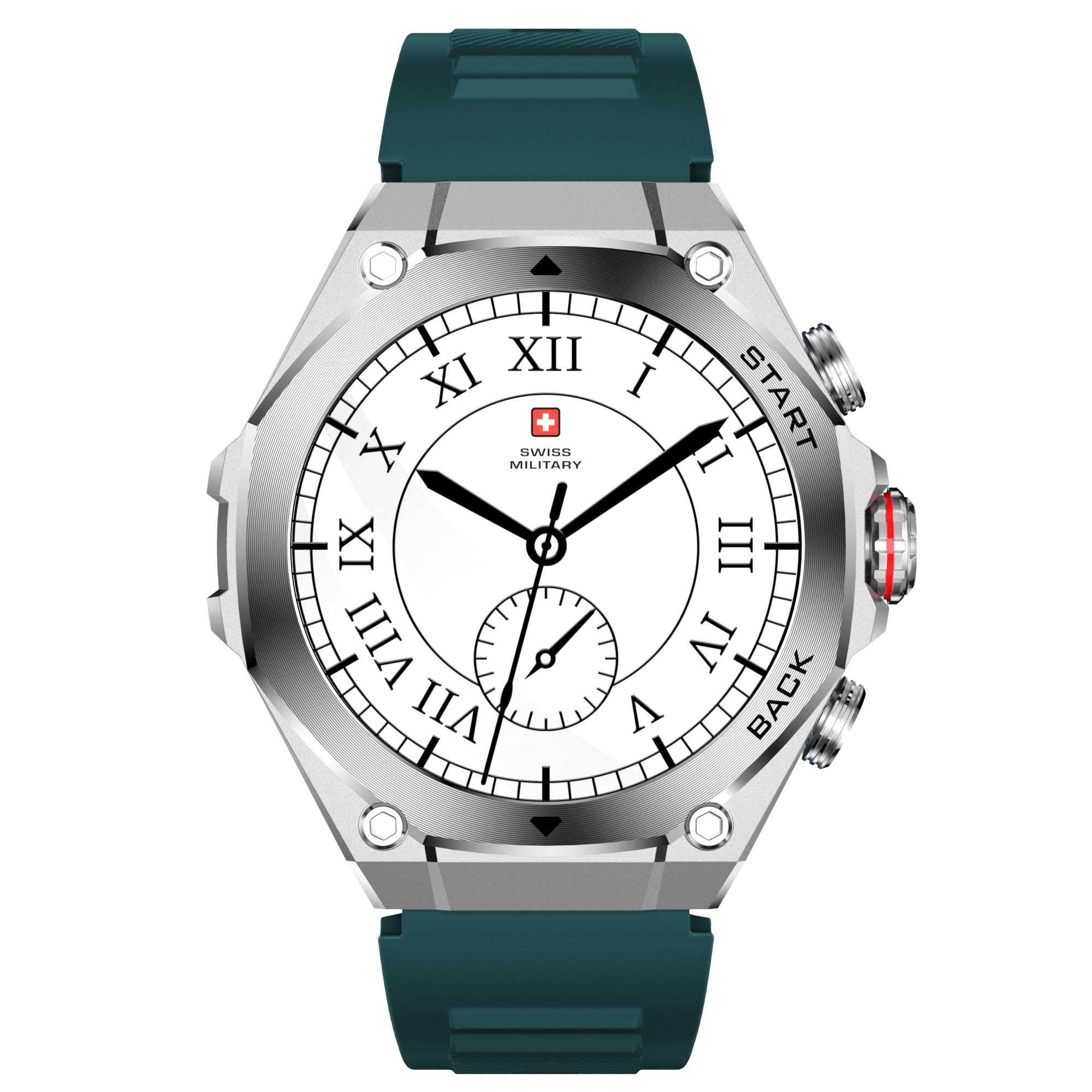 Swiss Military DOM6 Smartwatch 1.43" AMOLED, Bluetooth Calling, Multi Language, Health & Sports Tracking, Wireless Charging, 7 Days Battery, IP67, iOS/Android Compatible,Silver Frame with Green Strap