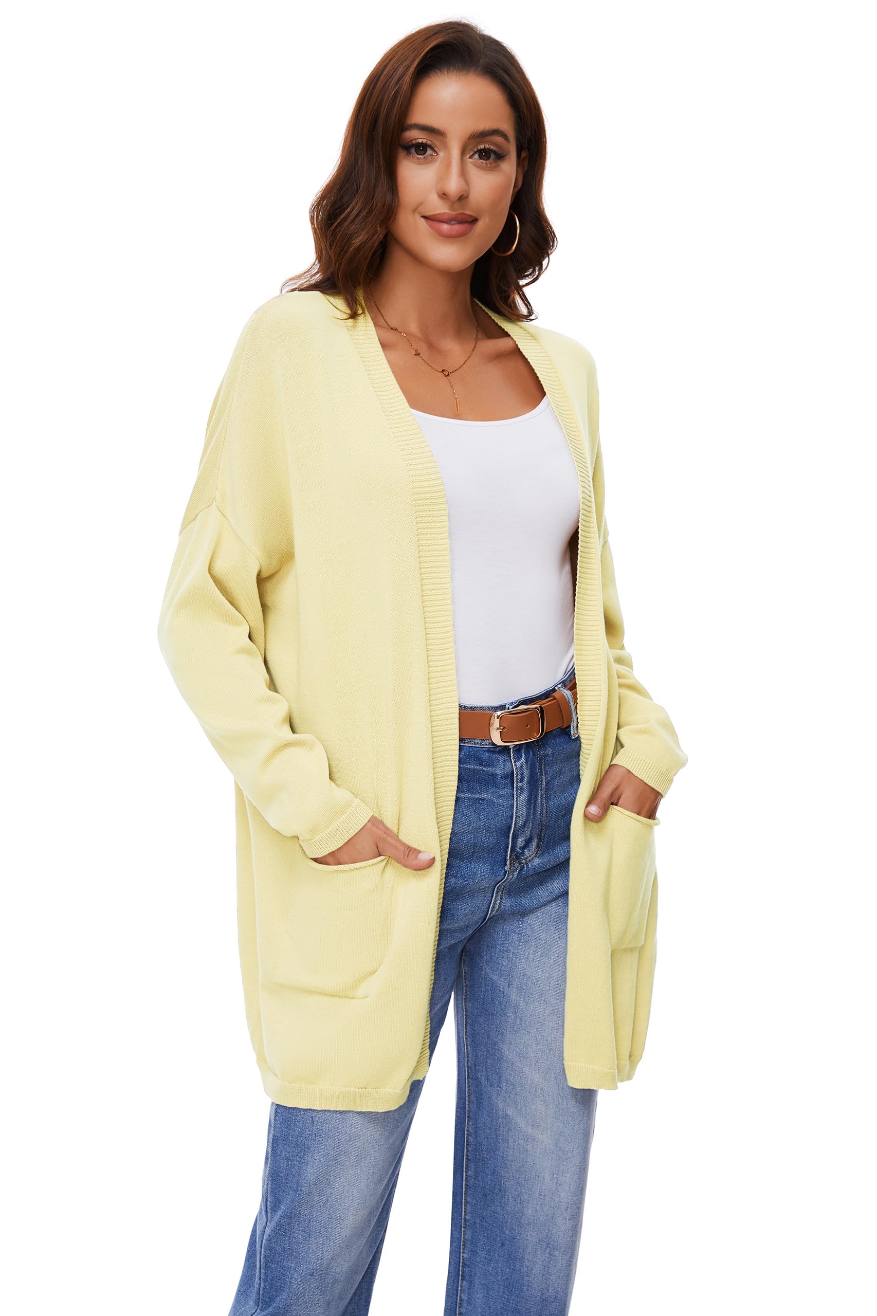 Cárdigan Abierto De Manga Larga 100% Algodón para Mujer con Bolsillos, Suéter Casual Suelto Y Ligero, Amarillo Claro, XXL