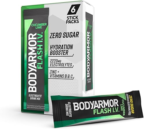 BODYARMOR Flash IV - Paquetes de electrolitos, pepino y lima, mezcla de bebida sin azúcar, paquetes de una sola porción, agua de coco en polvo,