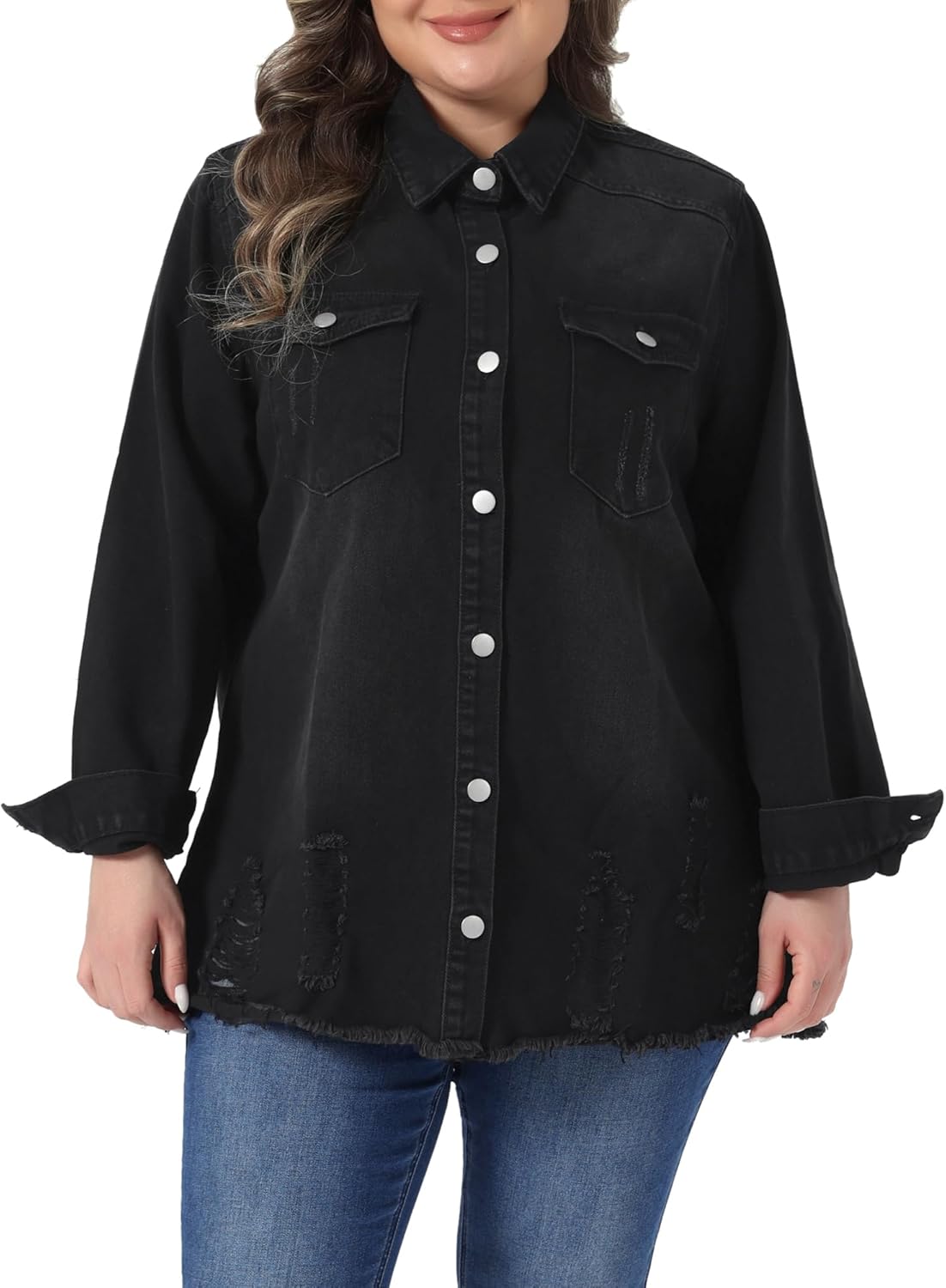 Agnes Orinda Women's Plus Size Denim Shirts Casual Long Sleeve Button Down Long Distressed Denim Jacket - Image 2