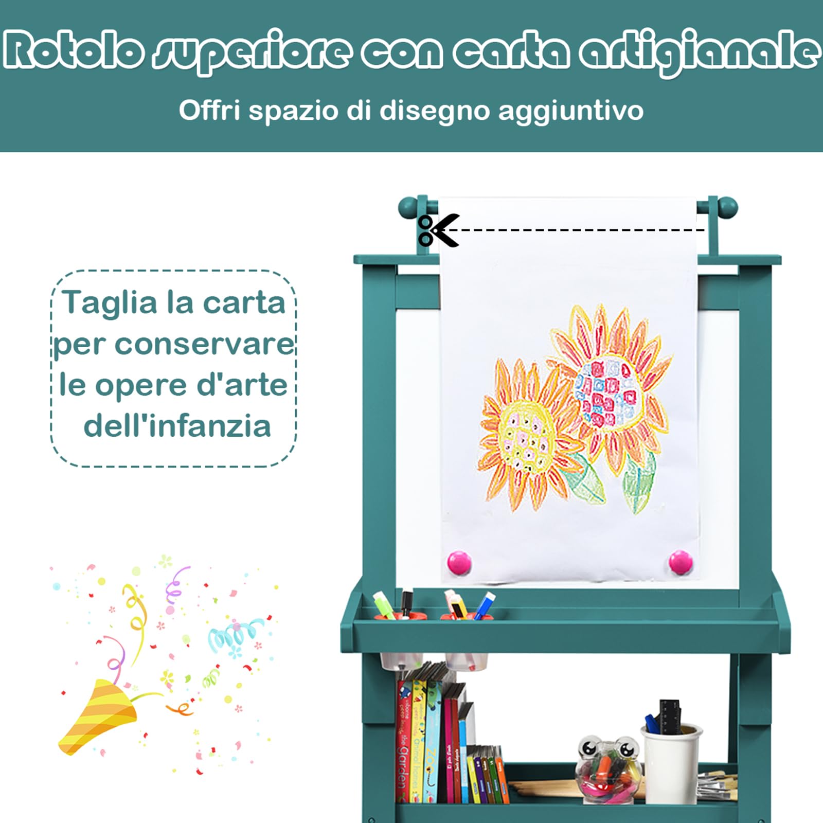 COSTWAY 3 in 1 Cavalletto per Bambini con Doppia Faccia, Cavalletto per Disegno con 2 Vassoi e 2 Scatole, Lavagna Bambini in Legno (Blu)