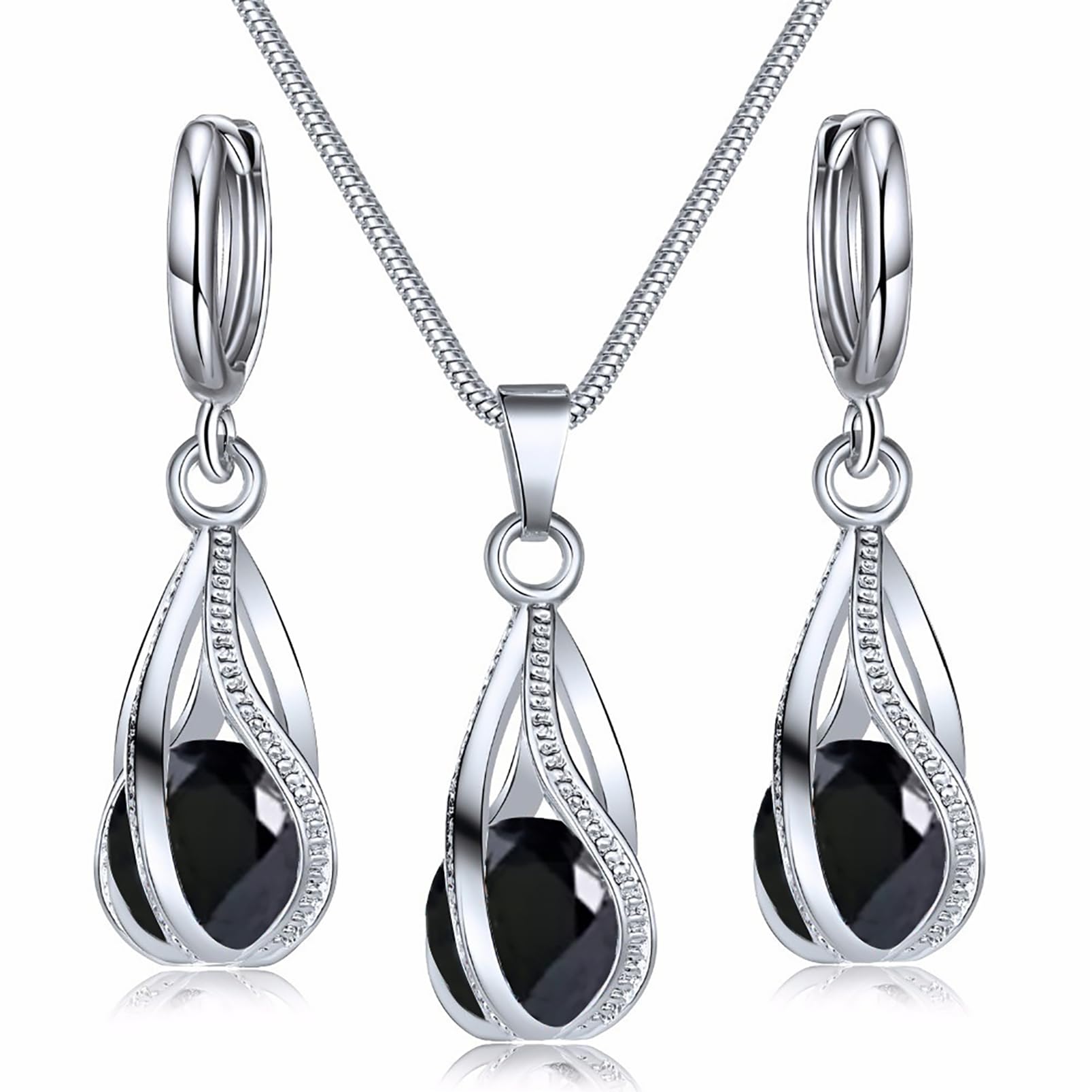 Hanaoops Juego de joyas para mujer chapado en plata lágrima circonita cúbica pendientes de cristal regalo para novia esposa en el día de San Valentín