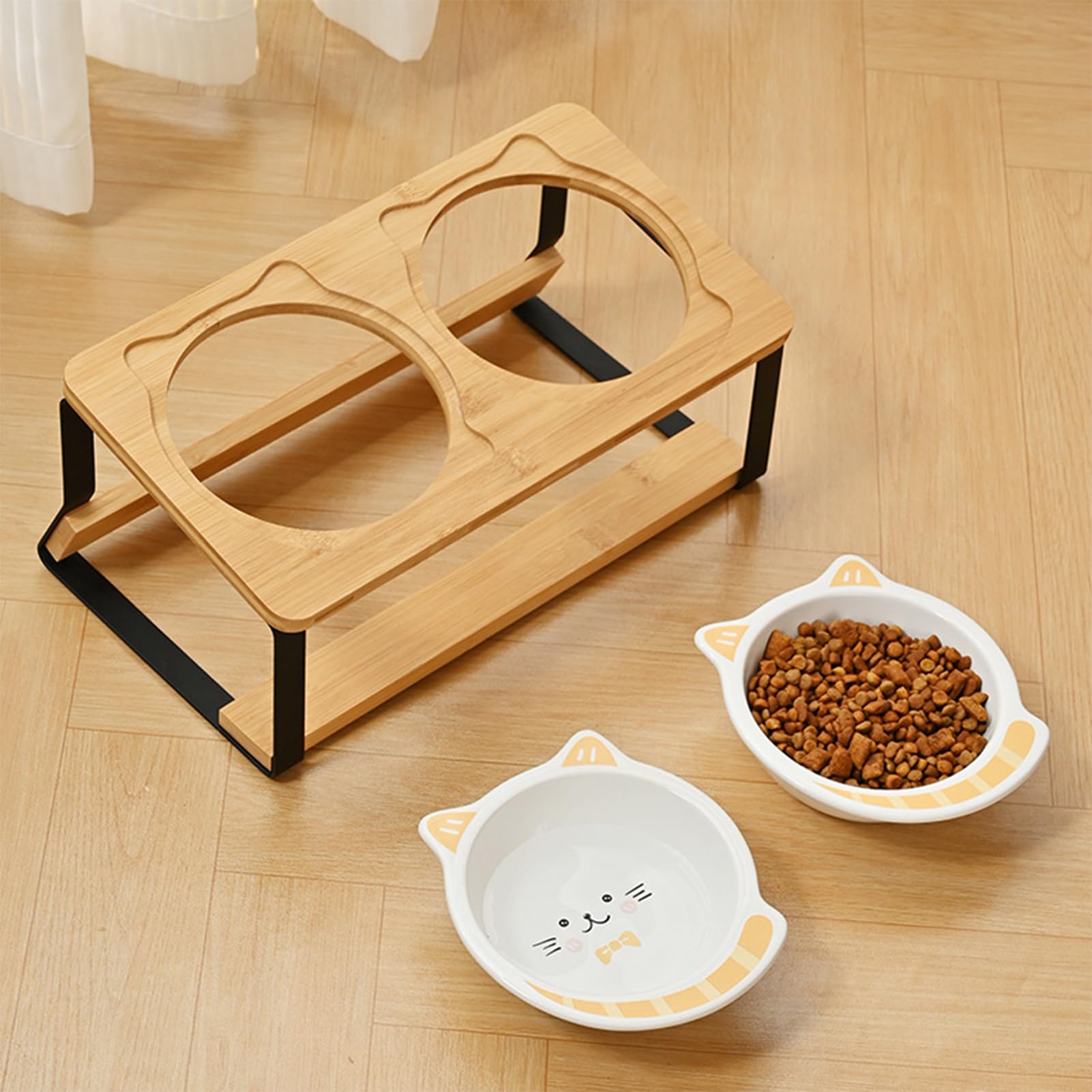 Cuenco de cerámica para gatos elevado, con diseño inclinado de 15 grados, con soporte de bambú, doble comedero para perros, doble comedero para gatos, comedero para perros