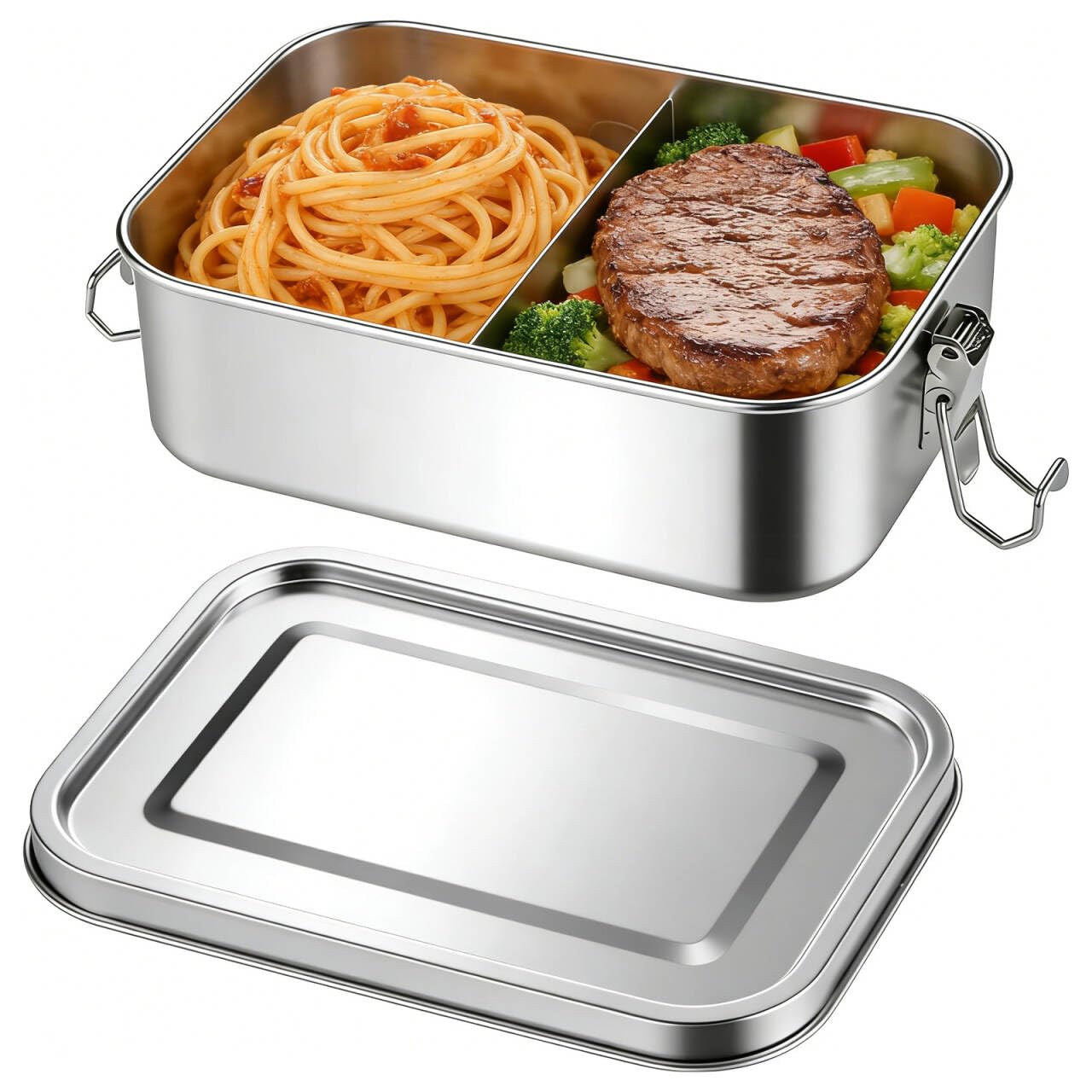 Rthynti Stainless Steel Lunch Box, 1200ml Metal Lunch Box with 1pcs Removable Divider, Leakproof Stainless Steel Bento with Lock Clip for Adults Children Camping