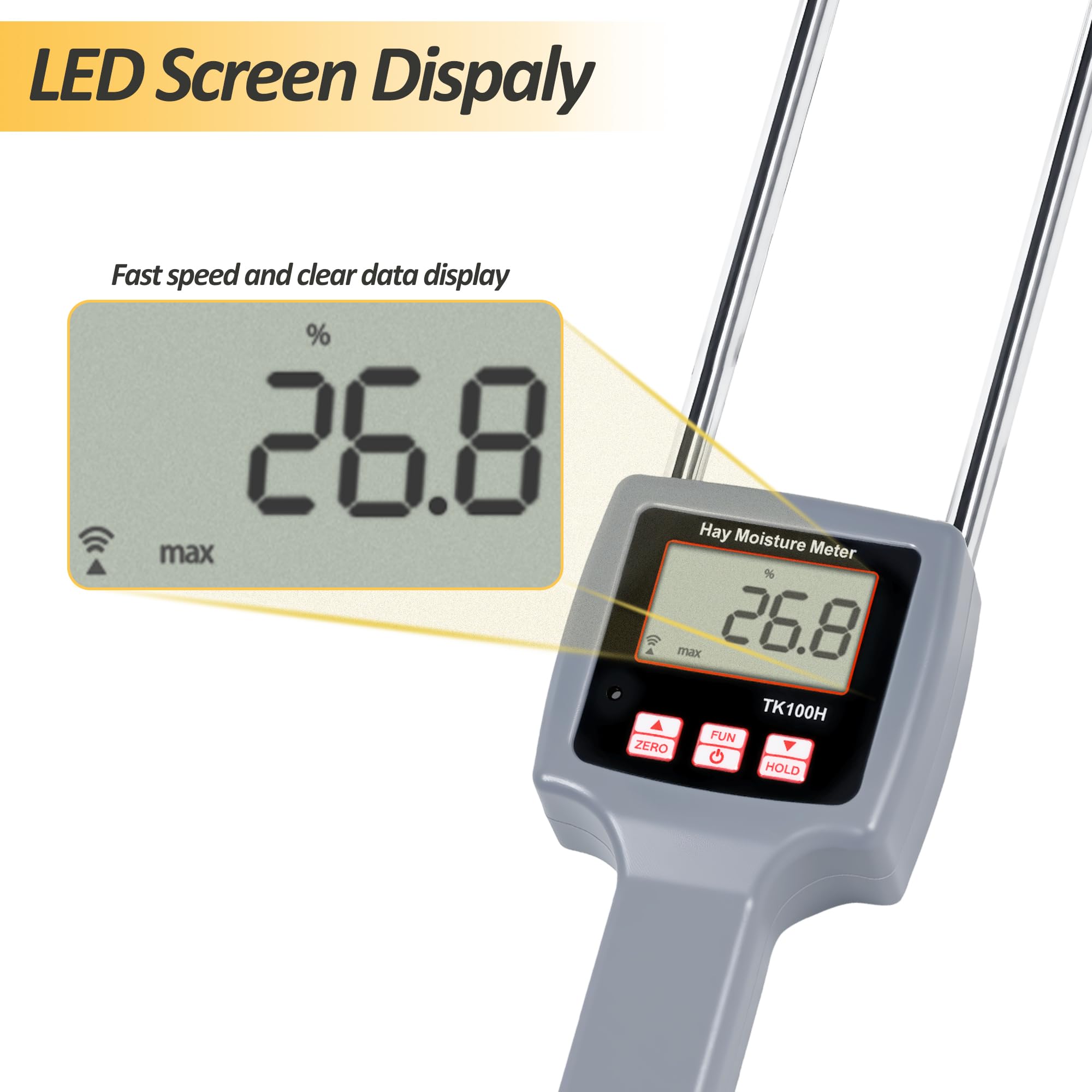 Misuratore di umidità di precisione per fieno, digitale LCD, rilevatore di umidità per balle di fieno, misuratore di umidità portatile con sonda di umidità per balle di fieno, intervallo 0-84%, tenuta
