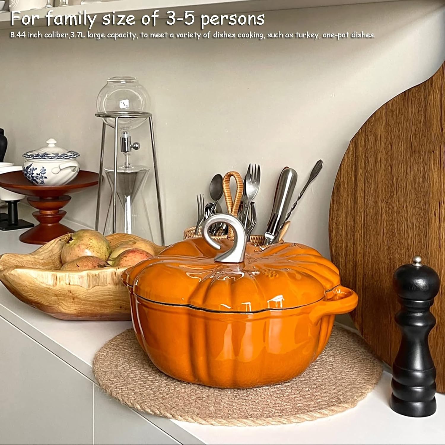 QQXX 4QT Pumpkin Cocotte, Cast Iron Dutch Oven, 3.7L Casserole with Lid and Handles, Non-Stick Stew Soup Pot for Soup Porridge Stew Gift