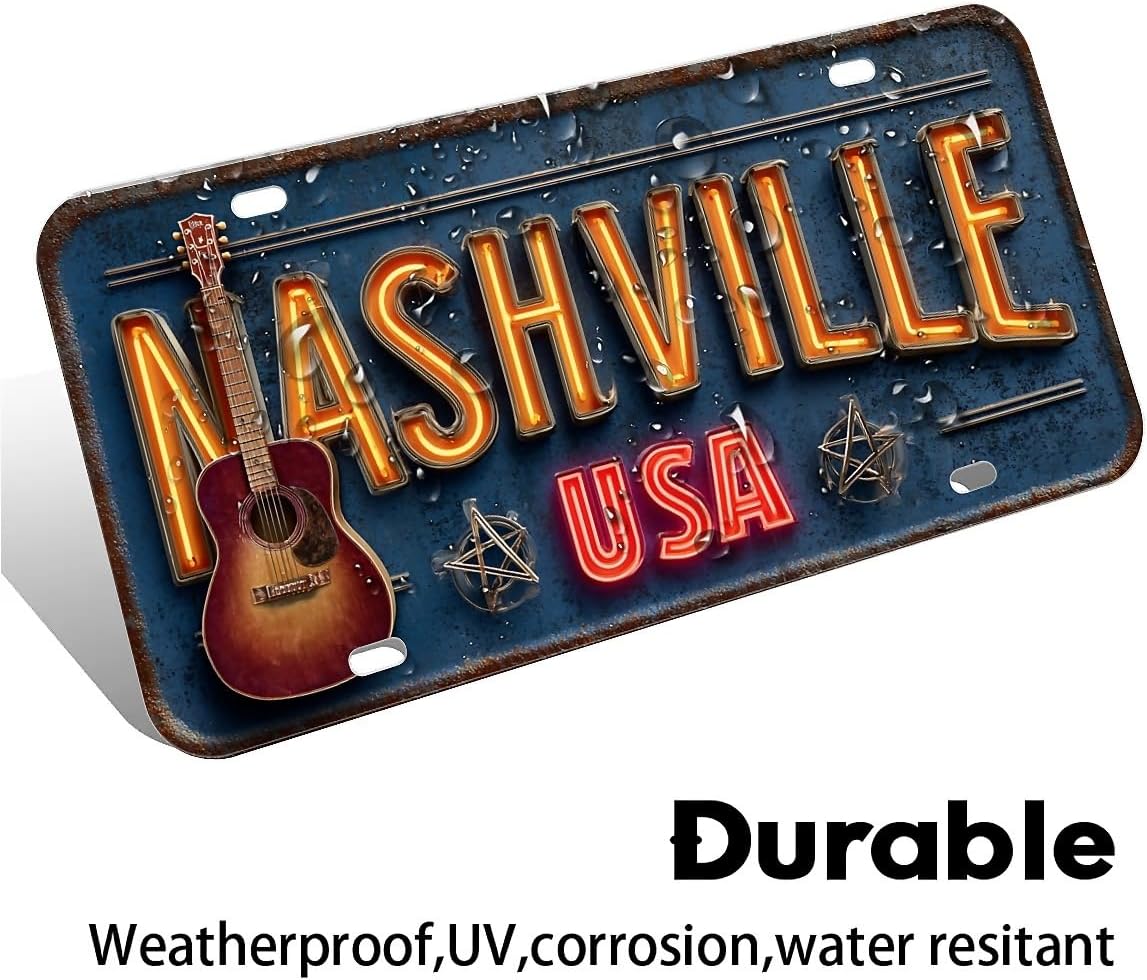 Vintage Nashville Metal Tin Sign – Guitar, music, Rustic Americana Wall Decor for Home Bar, License plate，Garage, Man Cave, Farmhouse image 2