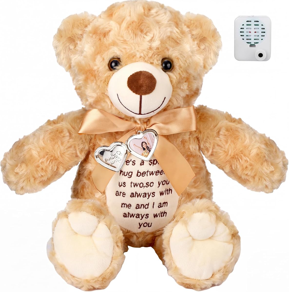 Silipull 12 Inch Bear Stuffed Animals with Voice Recorder Photo Pendant Set Cute Soft Plush Bear Messages Playback Stuffed Animals with Zipper for Boys Girls(Brown)