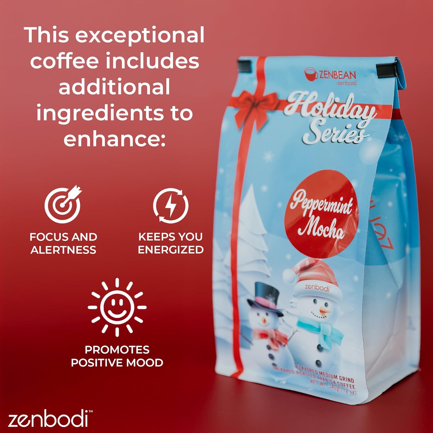 Zenbean Holiday Series Peppermint Mocha - Flavored Holiday Coffee, Medium Grind Infrared Roasted Arabica Coffee, Low Acid, with Rhodiola Rosea and L-Theanine, Makes 20 Servings, 12 Ounce Bag
