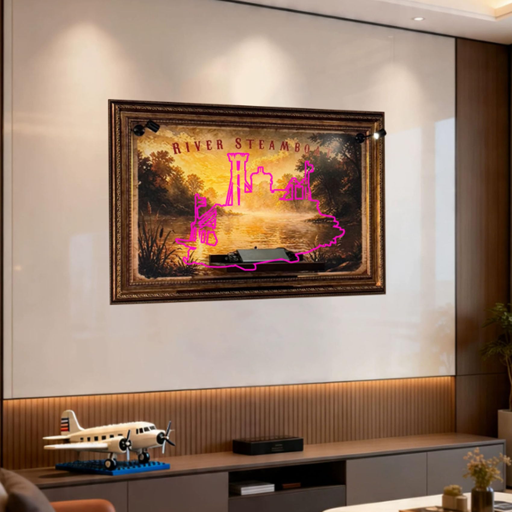 Display Wallboard for Le-go 21356 Canal Steamboat Set, Wall photo frame, Wall Mount Display Stand Art Wall Mount Frame,(Model not Included) (with Light)