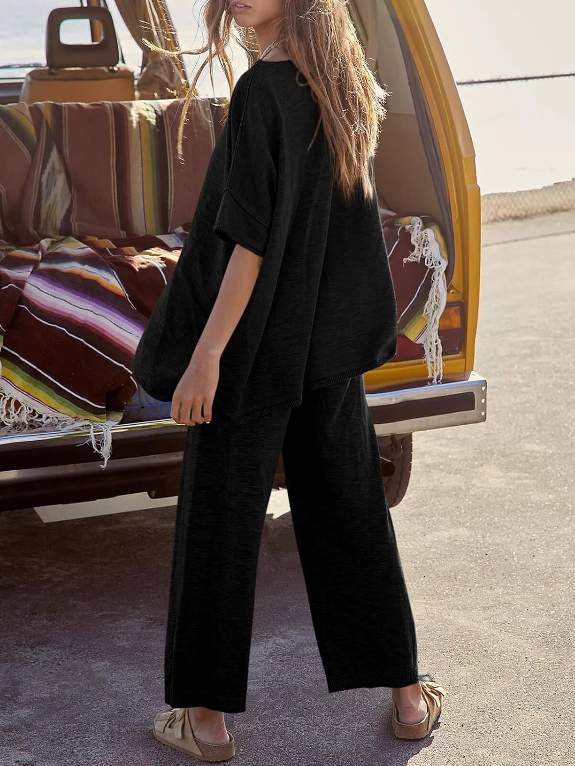 Tankaneo Women's 2 Piece Travel Outfits Casual Short Sleeve Knit Sweater Set Wide Leg Pants Lounge Sets Tracksuit - Image 3