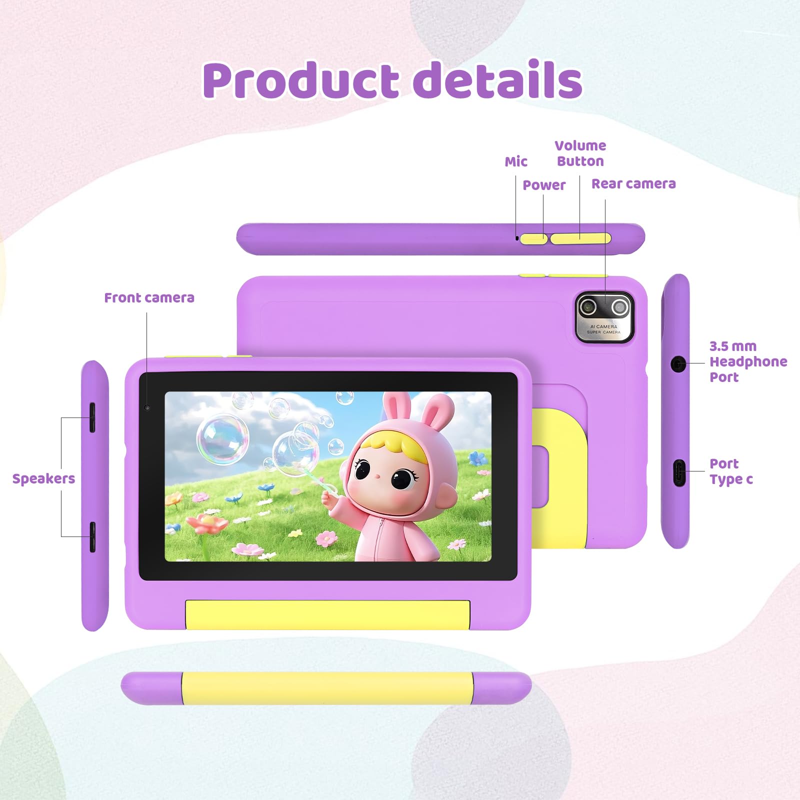 Whitedeer 2026 Latest Kids Tablet, 7 inch Tablet for Kids 3-7 Ages 8GB RAM +64GB ROM, Android 13, Parental Controls, Dual Camera, Wi-Fi, Bluetooth, Type-C, Impact Resistant Case, Gift,Purple - 5