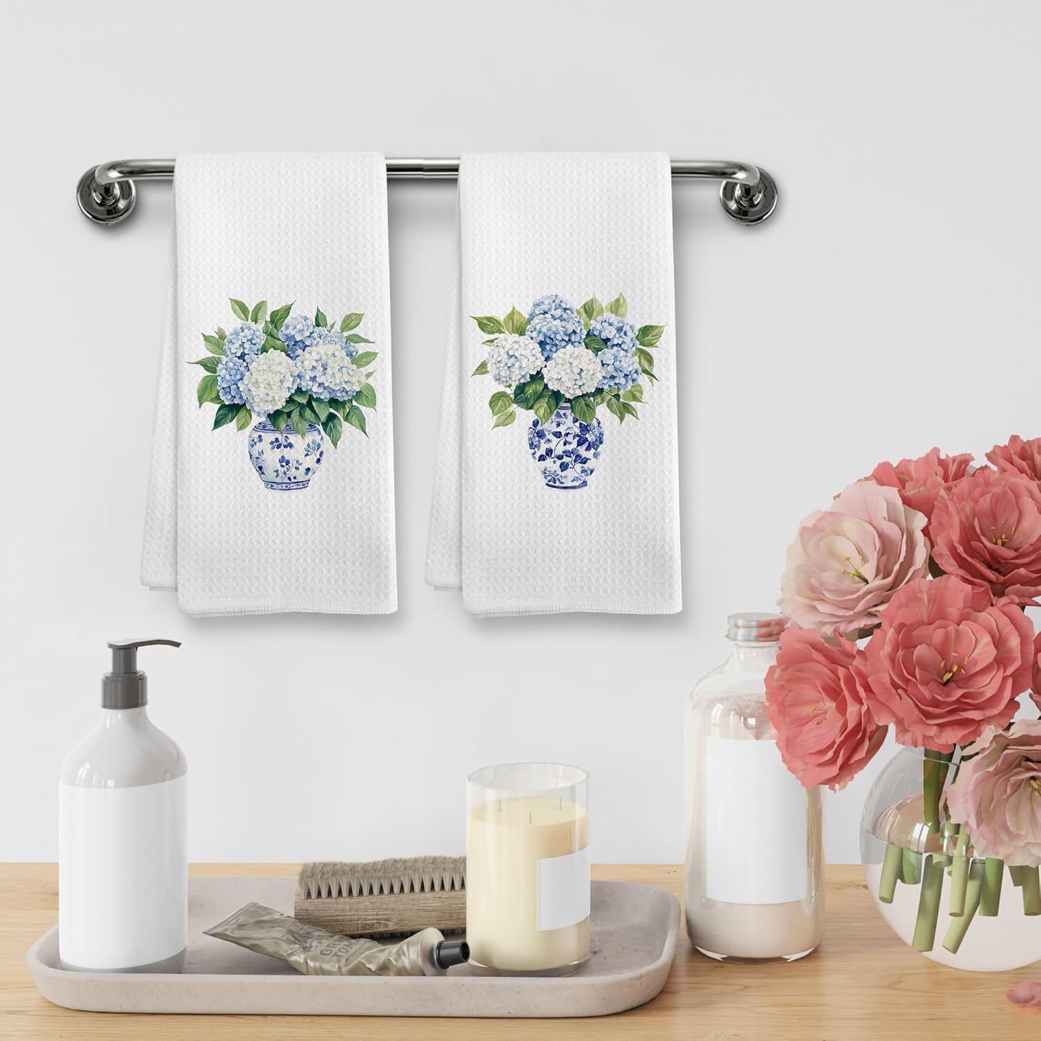 Vintage Chinoiserie Hydrangea Decor Kitchen Towels and Dishcloths Sets of 2, Blue and White Hydrangea Floral Grand Millenial Spring Decor Dish Hand Tea Towels for Bathroom Kitchen, 16x24 Inch - Image 4